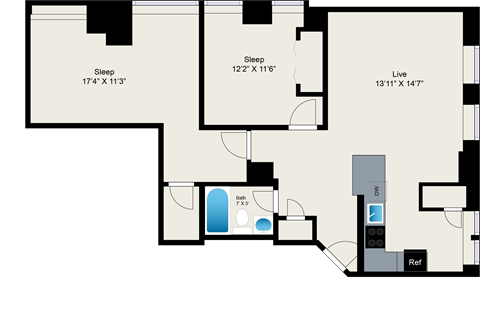 Floor plan for 2 beds, 1 bath, 1001 sqft